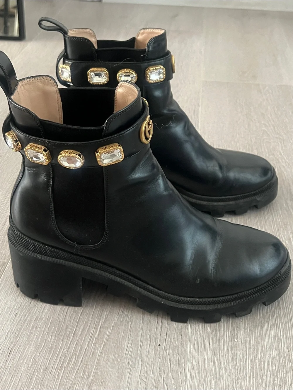 Gucci Black Leather Ankle Boots with Gold GG & Jeweled Strap